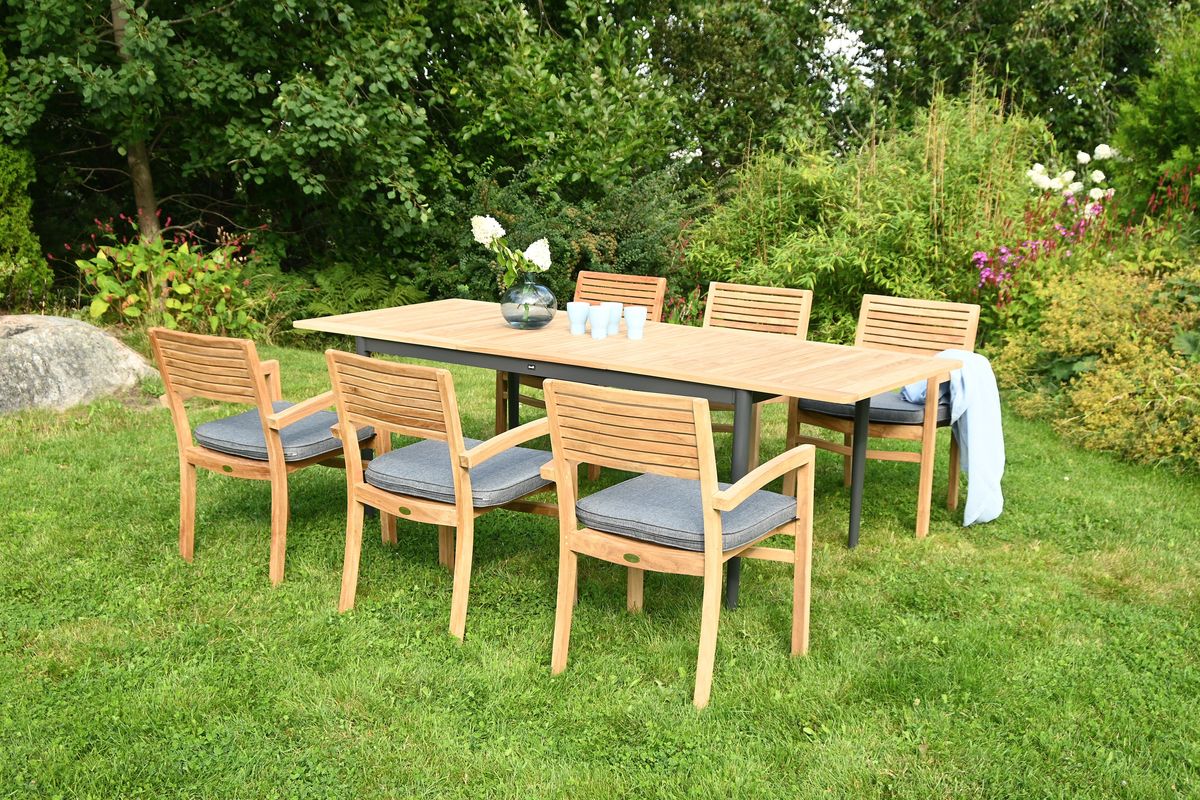 Figaro sett 6 stabelbare stoler+uttrekksbord - teak