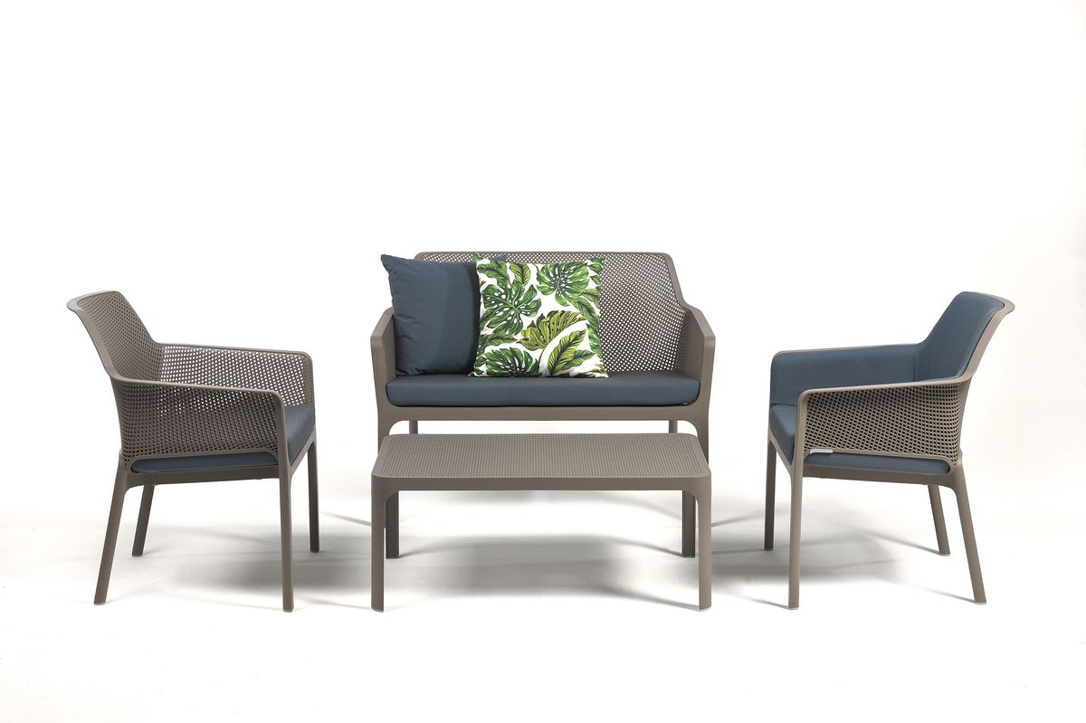 Nardi Net sett 2+1+1 m/puter+bord - gråbeige/denimblå